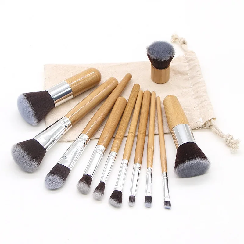 11Bamboo Handle Makeup Brush Set with Linen Storage Bag Makeup Tools Beauty