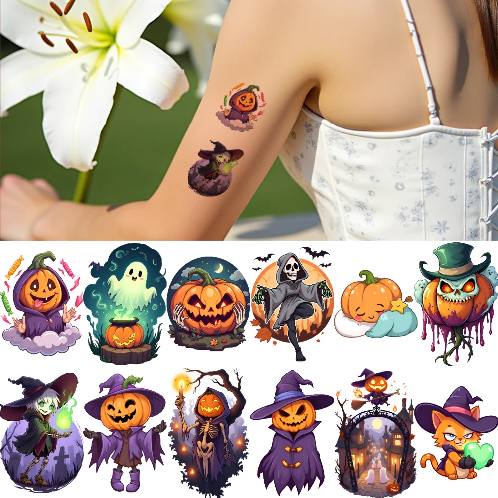 

63pcs Temporary Tattoo Witch Waterproof Long-lasting Body Stickers Sticker Pumpkin Comic For Shoulders Boys Men
