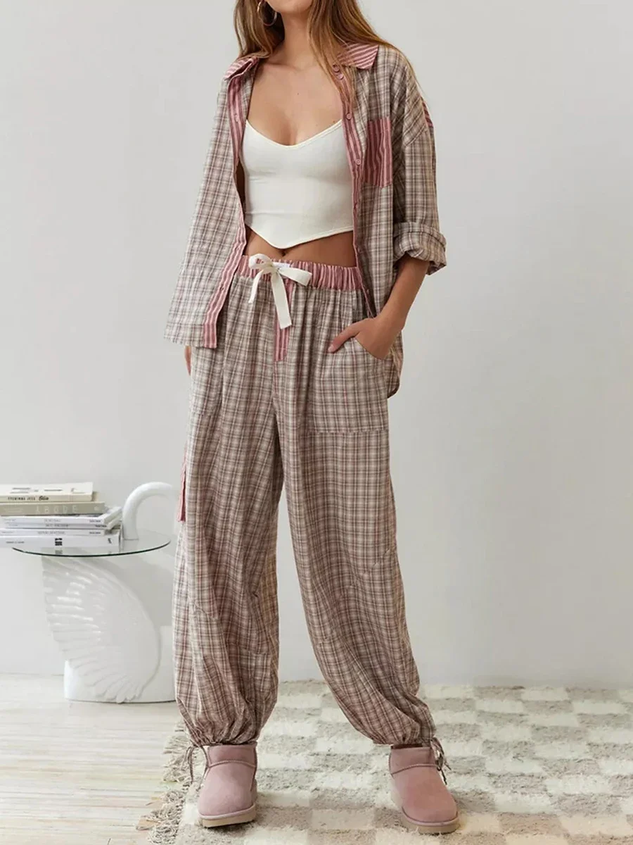 

Women Piece Button Elastic Sleepwear Plaid Pants Casual Sleeve Pajama Shirt Long With Set 2 Suit Home Waist Closure Loungewear