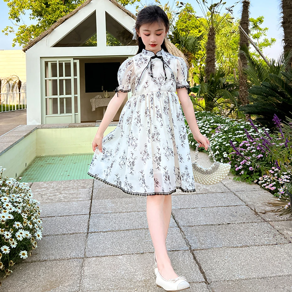 Kids Clothes Floral Pattern Dresses For Girl Summer Kids Dresses Casual Style Costume For Girls 6 8 10 12 14