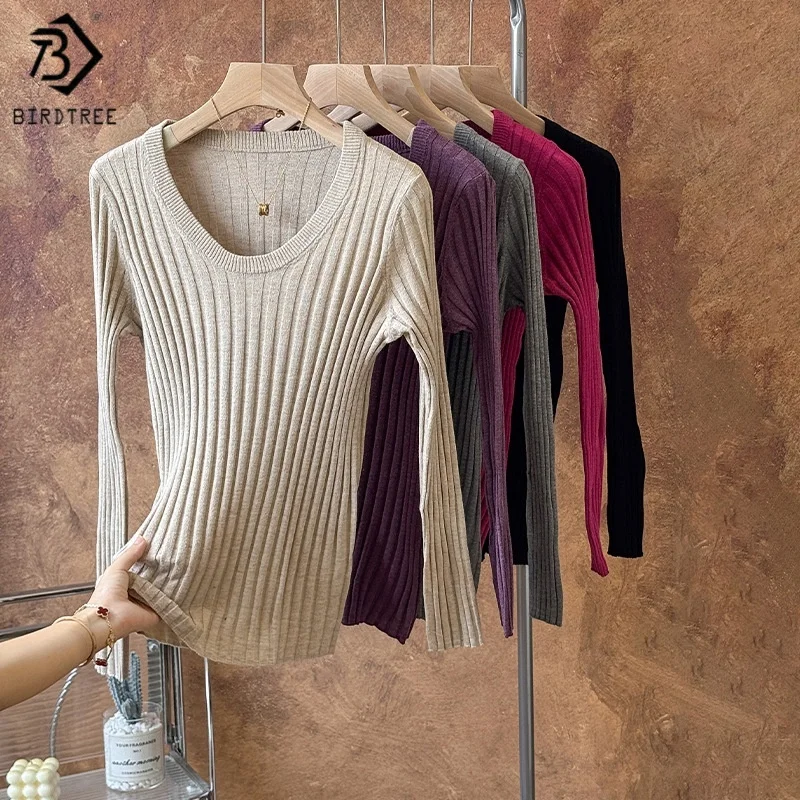 

Birdtree Cashmere Silk Blend Bottoming Undershirt,Women Seamless U-neck Full Sleeve Sweater,2025 Autumn/Winter Pullover T5O613JF