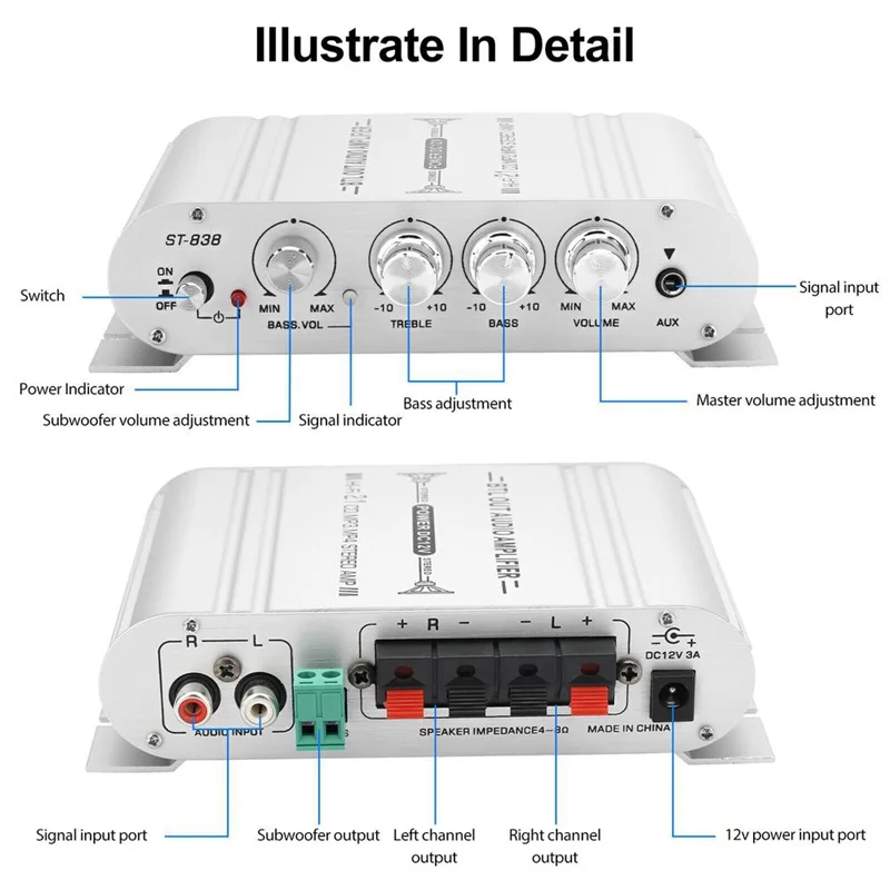 AS95-Car Stereo Amplifier Speaker Hifi Power 2.1 Channel Home Subwoofer Audio Output 12V Audio System Durable Easy To Use Silver