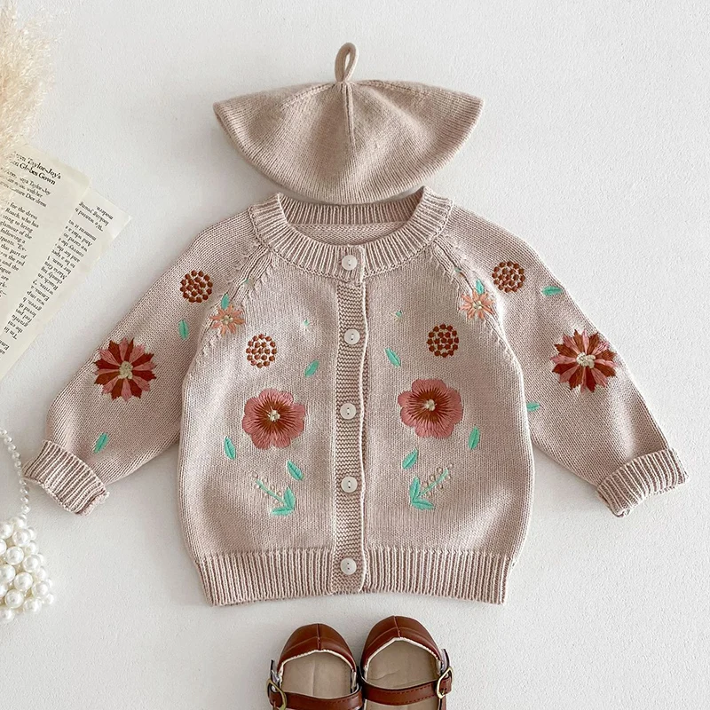 2024 New Autumn Newborn Baby Girls Sweater Toddler Baby Girl Knitting Cardigan Long Sleeved Knitted Flower Embroidery Coat