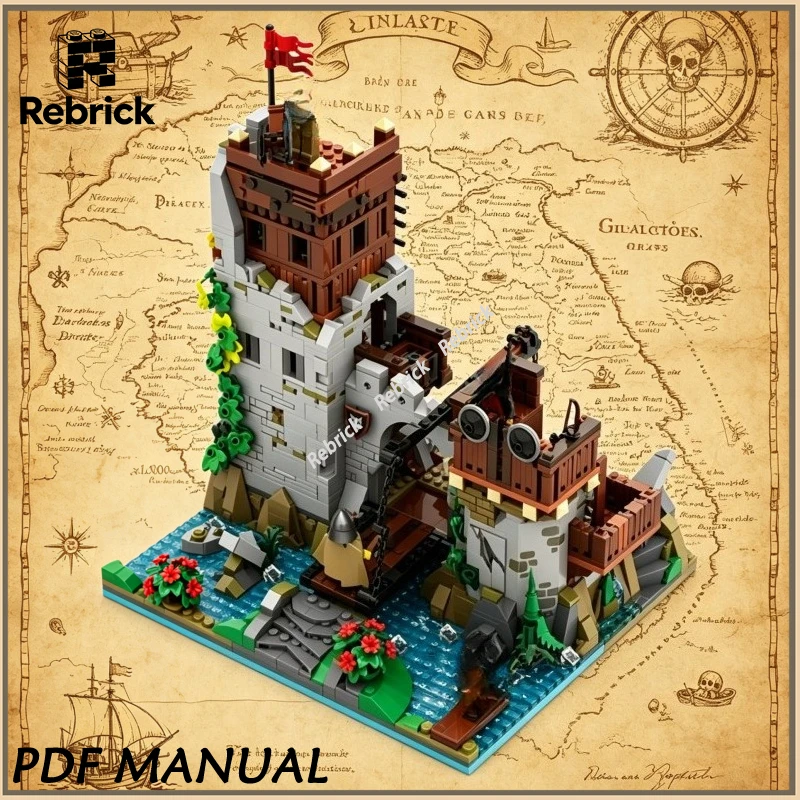 

Конструктор MOC Wolfpack River Fort, дизайн винтажного замка на берегу реки, набор для сборки прочной крепости в дикой местности, детализированный средневековый дизайн