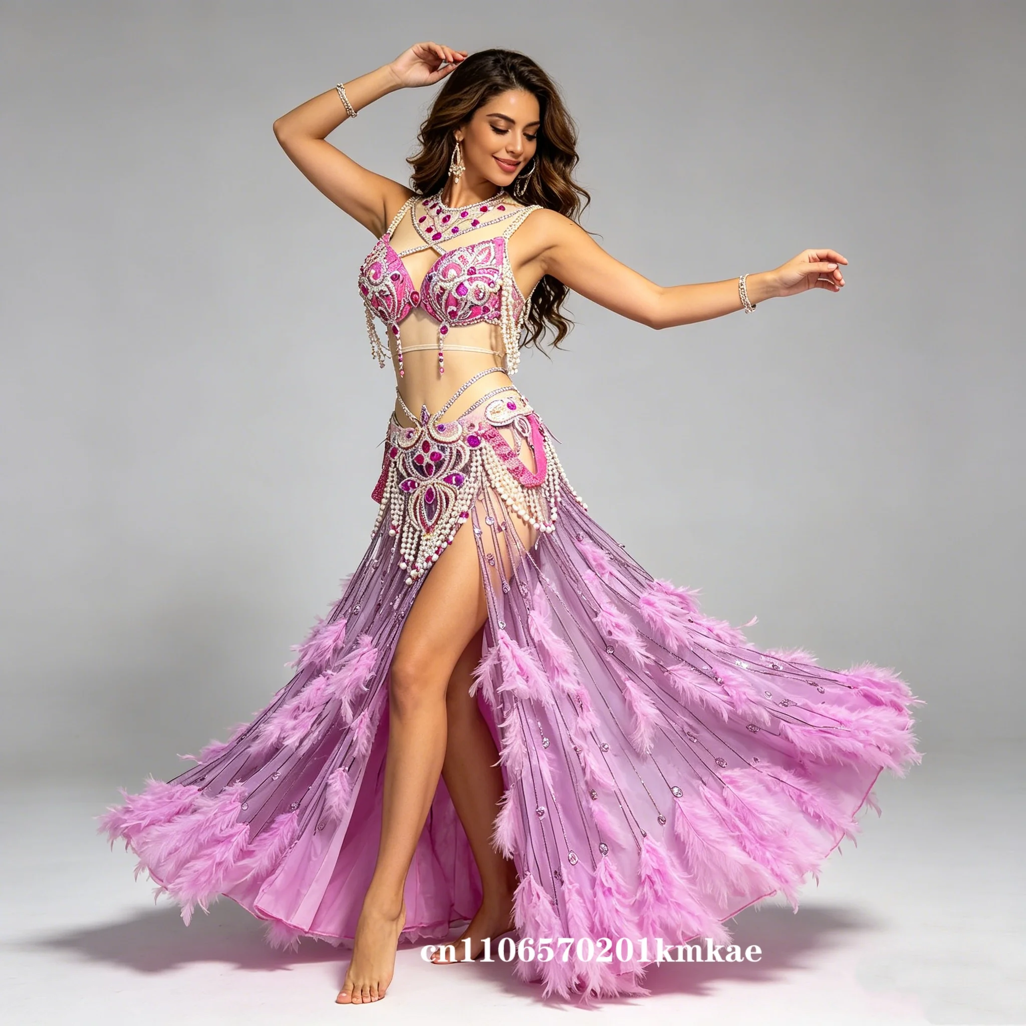 Professional Belly Dance Costume Set, Shiny Rhinestone Bra Belt, Flowy Pink Feather Tulle Skirt, Competition Performance Dancewe
