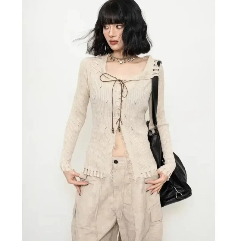 Elegant Women Long Sleeve Pullover Sexy Sweater 2025 Korean Style Slim Fit Knitted Top Lace-up Autumn Solid Knitwear Clothiing