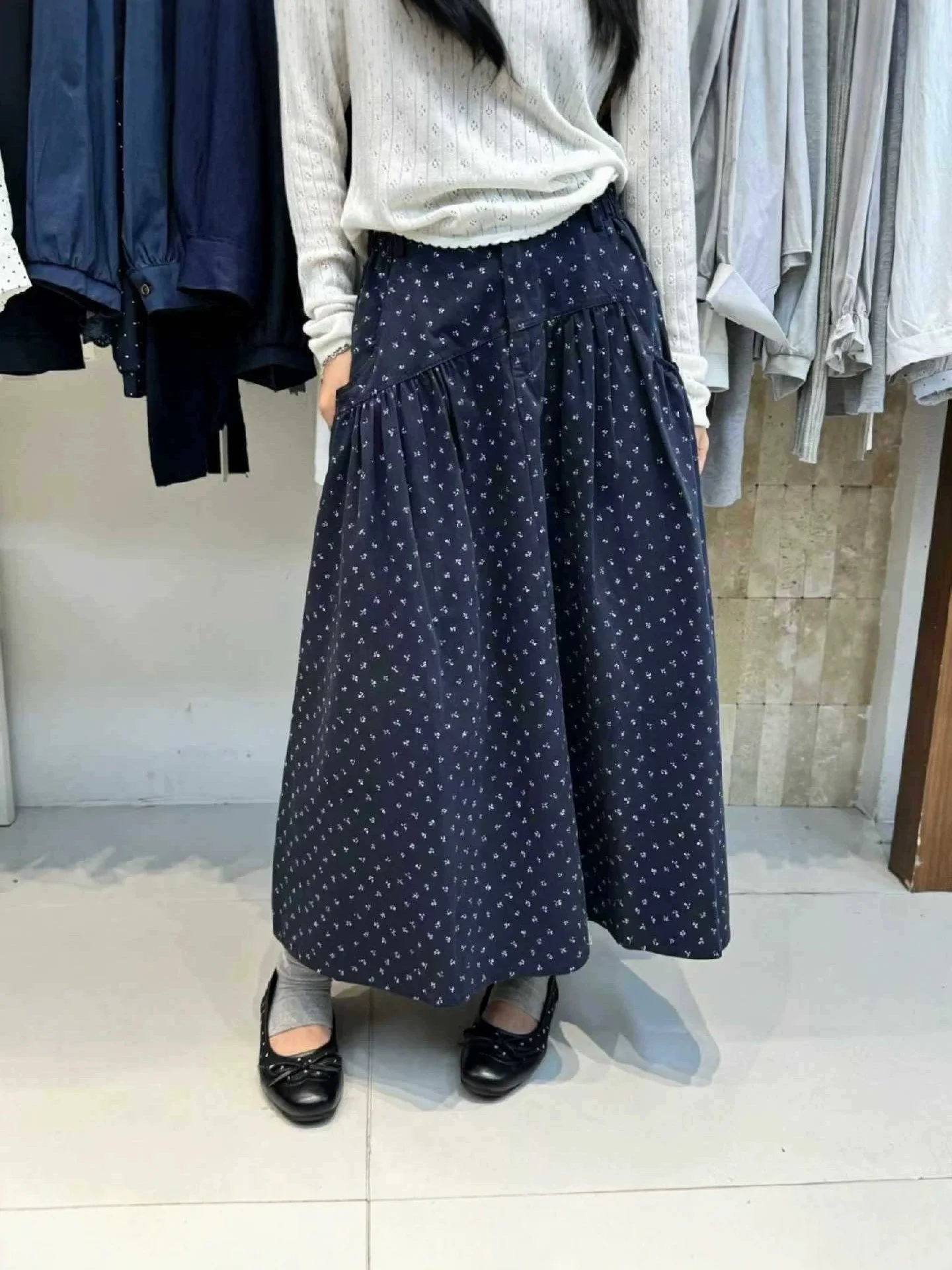 Mori Girl Navy Small Floral Maxi Skirt For Women High Waist Ruched A-line Long Flared Skirt Vintage Art Preppy Casual Loose Skir