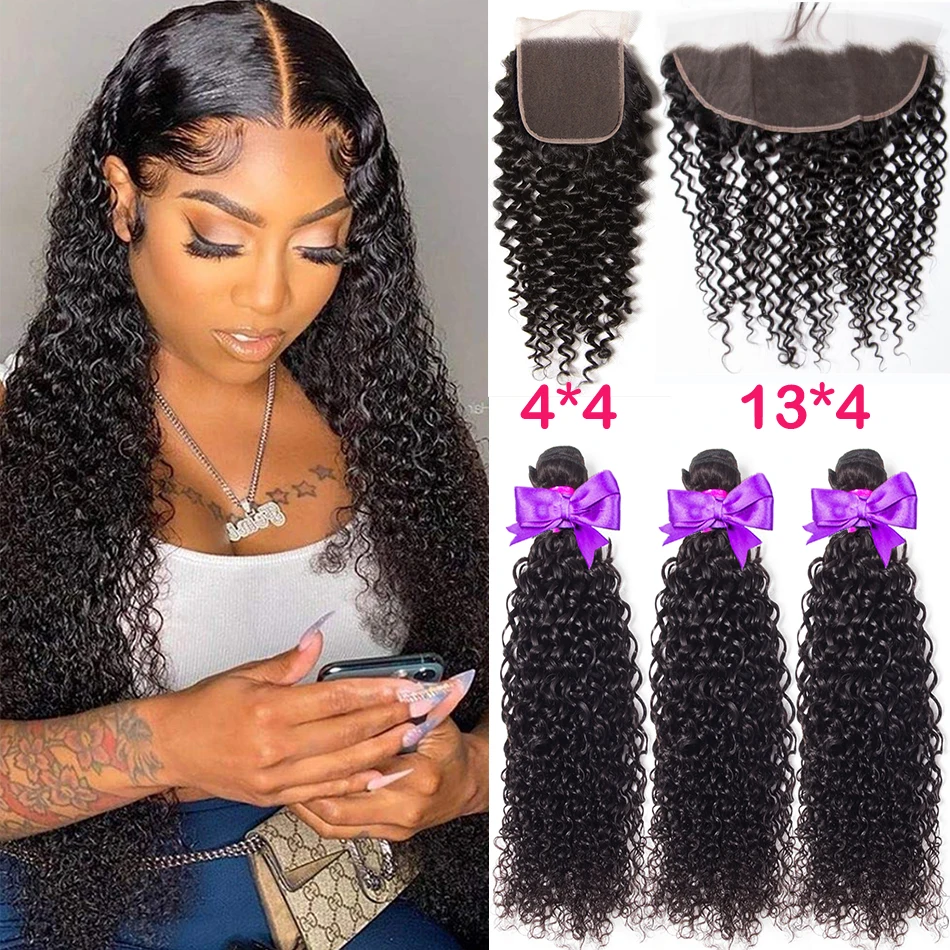 

12A Malaysian Hair Bundles With Frontal Kinky Curly Bundles With Frontal 13x4 Ear to Ear Lace Frontal Human Hair Weave Extension