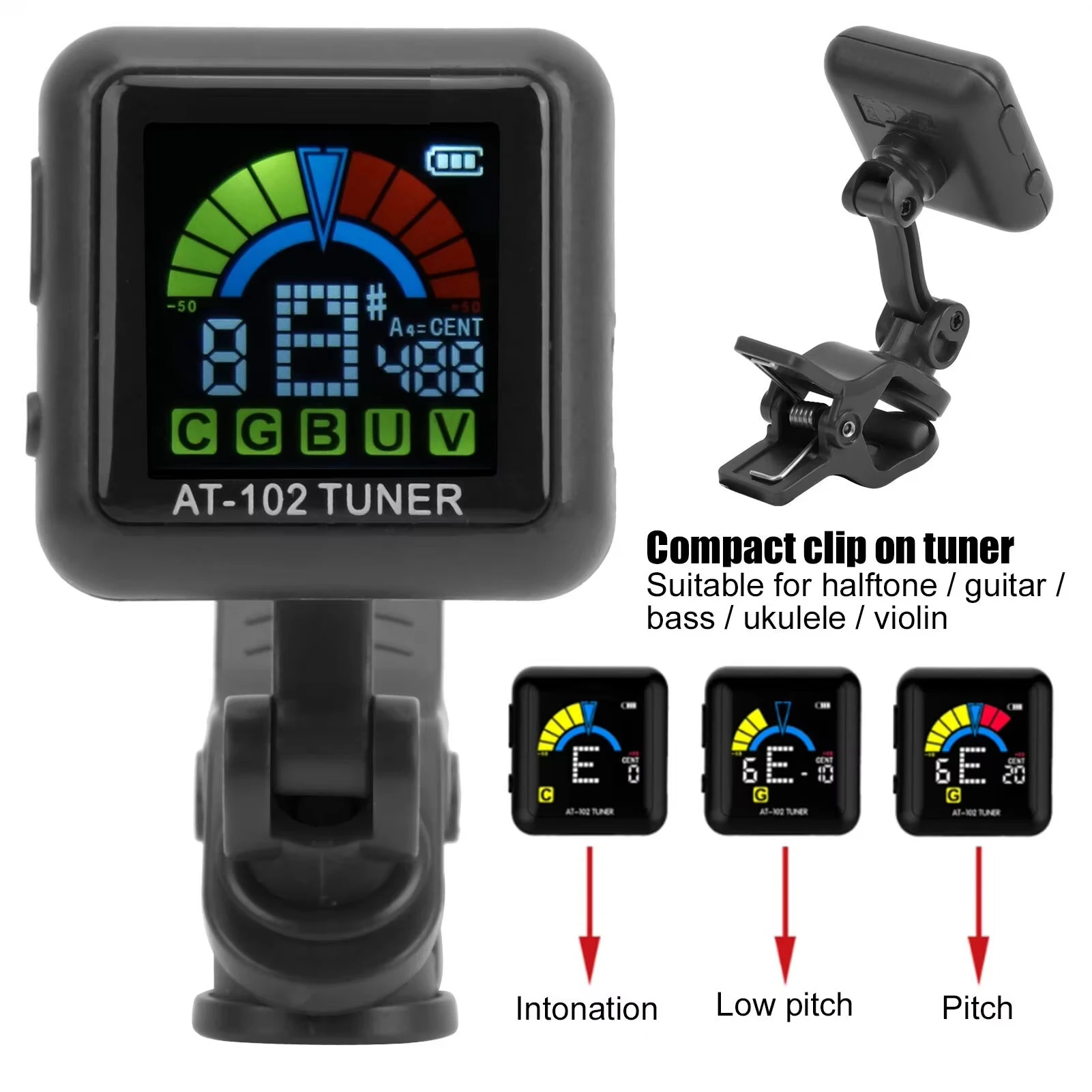 Aroma AT-102 Rechargeable Guitar Tuner with Editing, Color Screen, Built in Battery, Color Guitar USB Cable, Bass, Quartet