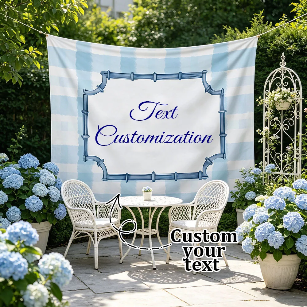 1PC Custom Text Blue Plaid Bamboo Frame Tapestry, Personalized Customized Wall Hanging Background Cloth Home Decor