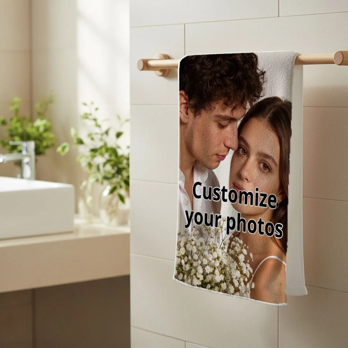 Personalized custom photo towels—upload your own images to create a unique item. Perfect as a gift for couples or families, or a