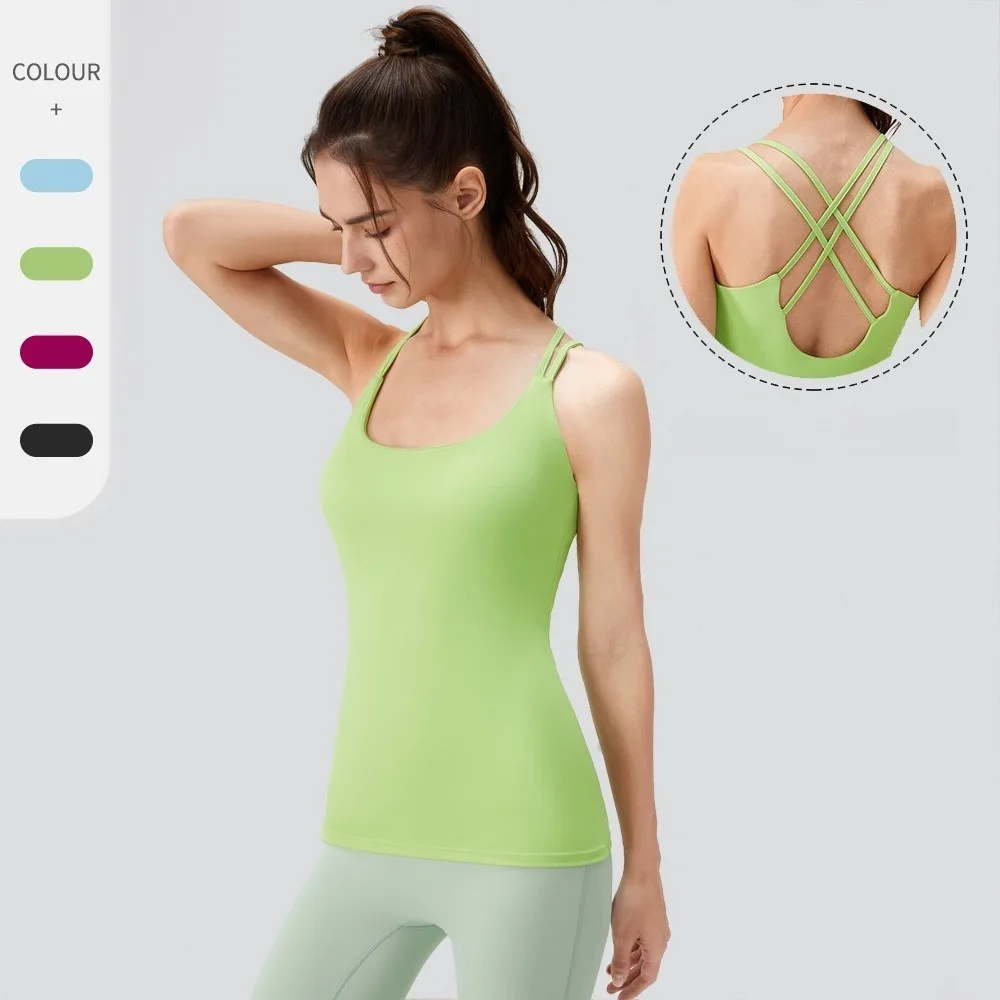 Women Long Yoga Tank Tops With Built-in Bra Naked Feeling Shockproof Slim Fit Sports Tops