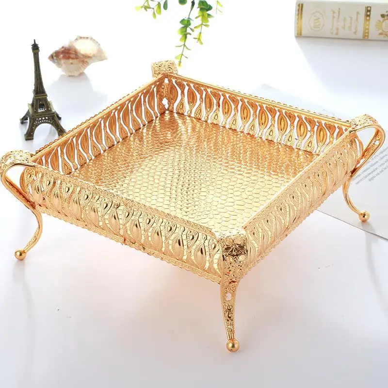 Gold Metal Tray Snacks and Fruits Desktop Storage Hollow Out square Circle Design Handless Storage Tray Foreign Trade