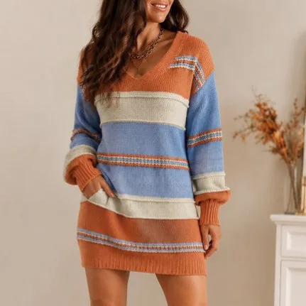 Women's Striped Contrast V-neck Long Sleeve Knitted Sweater Loose Fit Fashionable Autumn Winter Knitwear Top