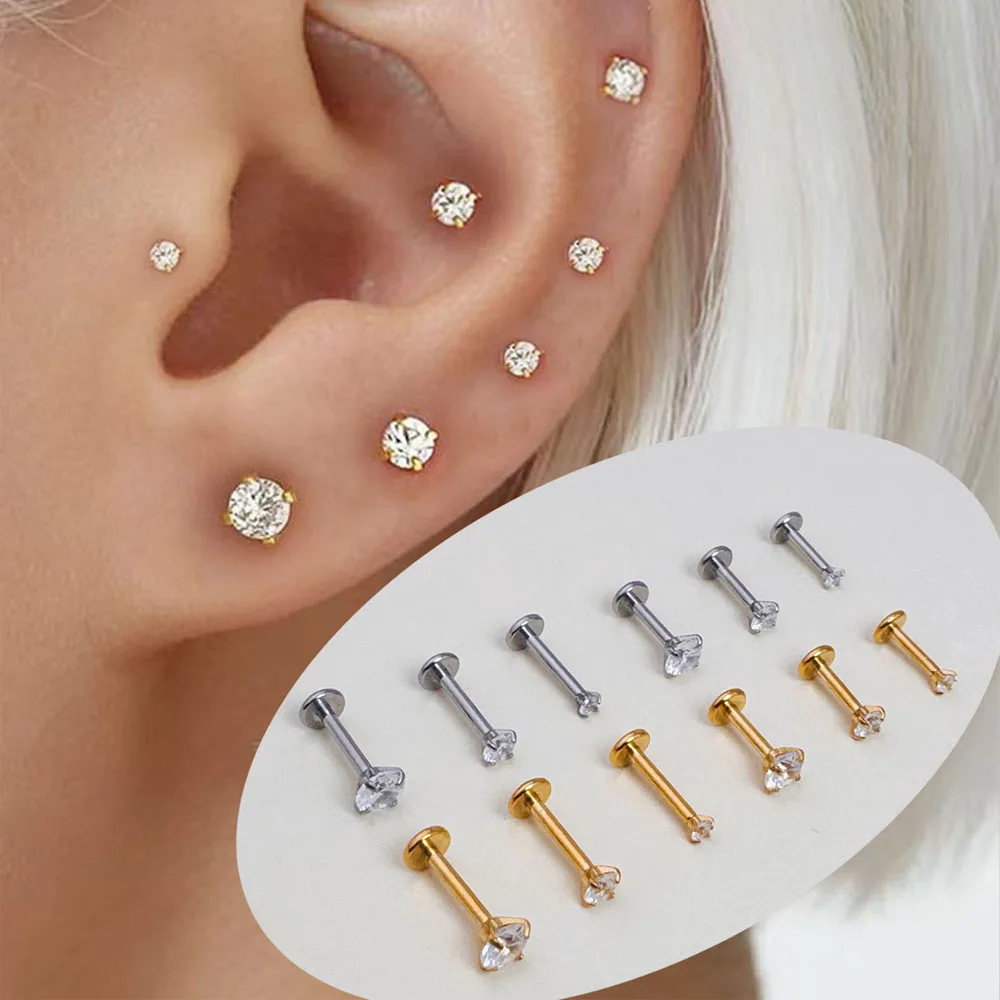6Pcs Surgical Stainless Steel Labret Tragus Stud Earrings 16G CZ Crystal Monroe Helix Cartialge Conch Medusa Lip Body Piercing
