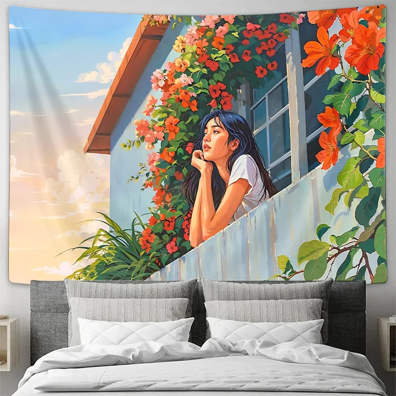 

Dreamy Garden Maiden Art Mural: Floral Pattern Decorative Tapestry