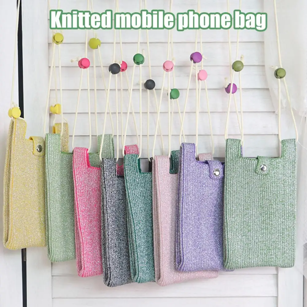 Knitted Mobile Phone Bag Solid Color Multi-functional Shoulder Purse Crossbody Sling Bag Adjustable Strap Trendy Yarn Crossbody