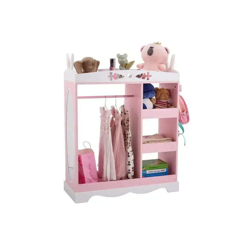Pink MDF + Particleboard Children's Wardrobe with 1 Mirror, 3 Shelves, and 1 Clothes Rod; Rabbit Ear Design
