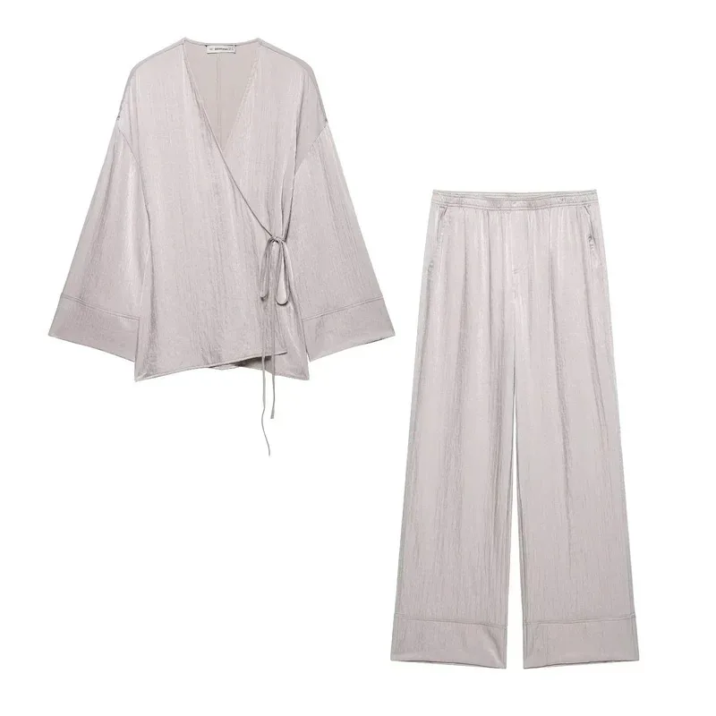 Spring Satin Texture Women's Kimono Suit Long-Sleeved Shirt with Tie Top And Wide-Leg Pants Loose Fit Two-Piece Set