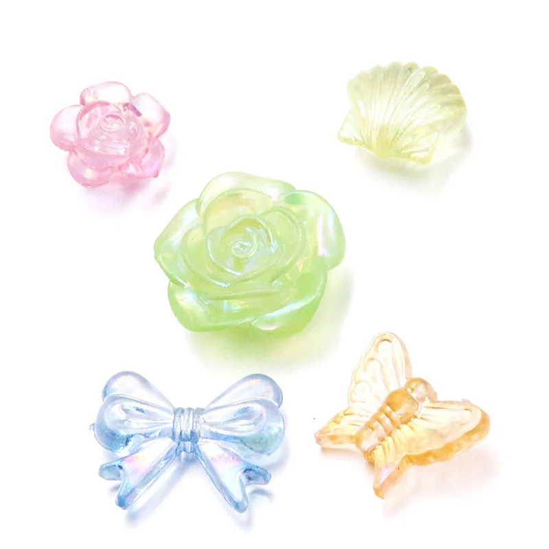 30PCS 5 Styles Plant Butterfly Bow Tie Shell Flower Acrylic Beads Cube Loose Spacer Beads DIY Jewelry Handmad Material