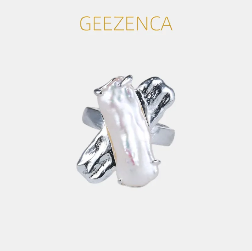 

GEEZENCA настоящее серебро 925, жемчужный стержень в стиле барокко, открытые кольца с крестом для женщин, минимализм, геометрический модный регулируемый массивный кольцо, подарок