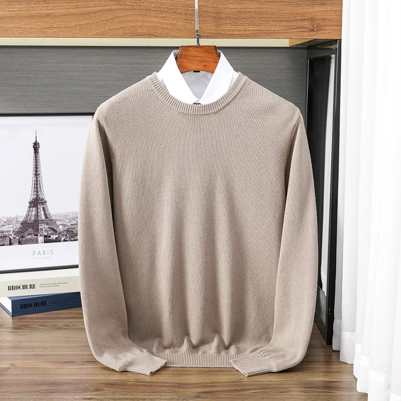 New 100% Pure Cotton Sweater Men\'s Autumn Winter O-Neck Pullover Business Casual Base Shirt Knit High-Grade Warm Male Jumper