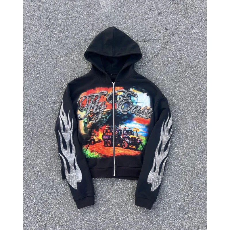 هوديي الرجال الأمريكية الشارع الشهير فضفاضة تناسب البلوز الرجعية الجرافيك تصميم عارضة الخريف الشتاء الاتجاه أزياء خمر نمط بارد #6