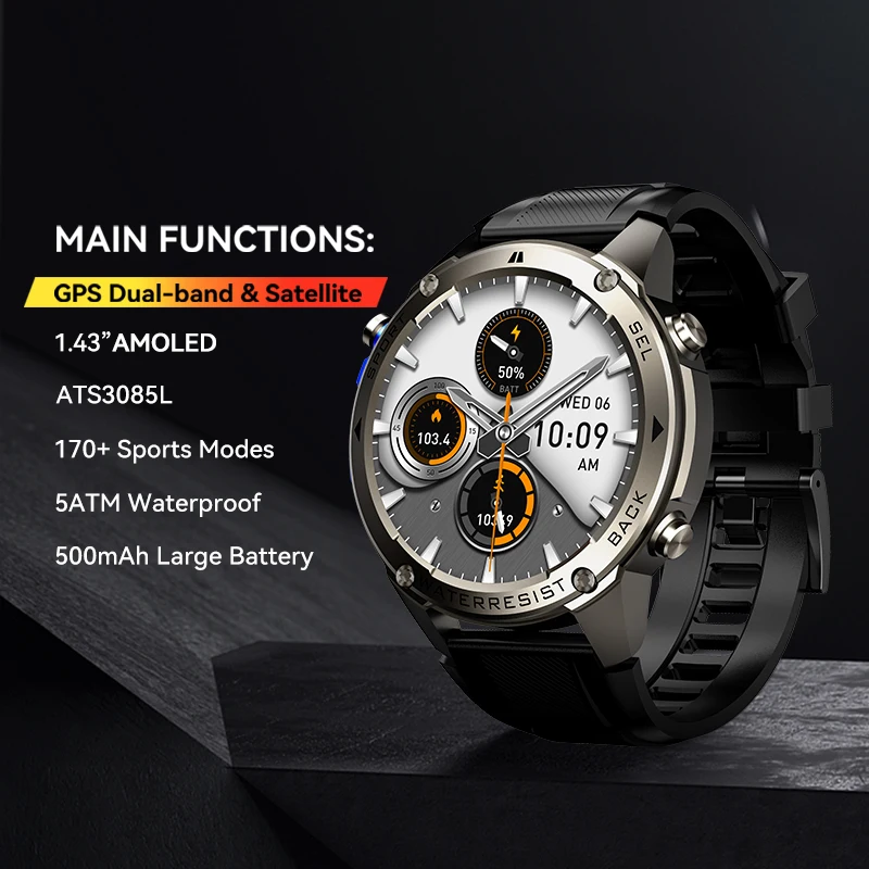 New Ciberer DM56 GPS Smart Watch 1.43''HD AMOLED Display Multi GNSS Compass, Barometer& Altimeter 5 ATM Voice Calling Smartwatch