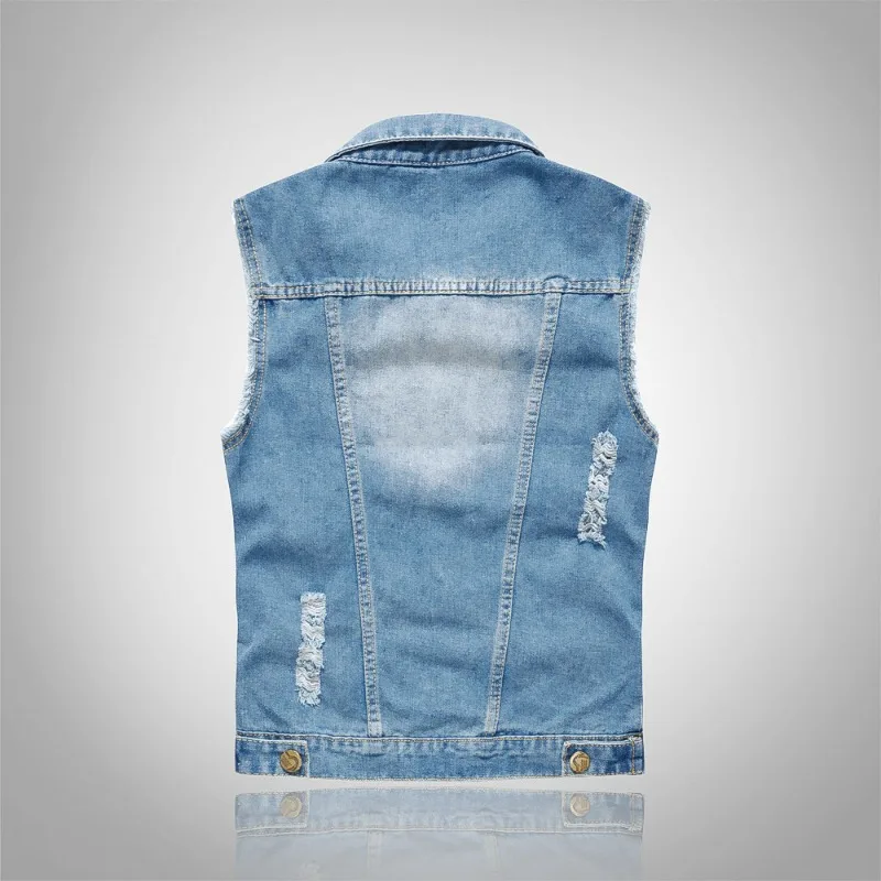New Large-sized Korean-style Slimming and Trendy Men's Denim Vest Men Light Blue Waistcoat Ripped Denim Vest Simple and Stylish
