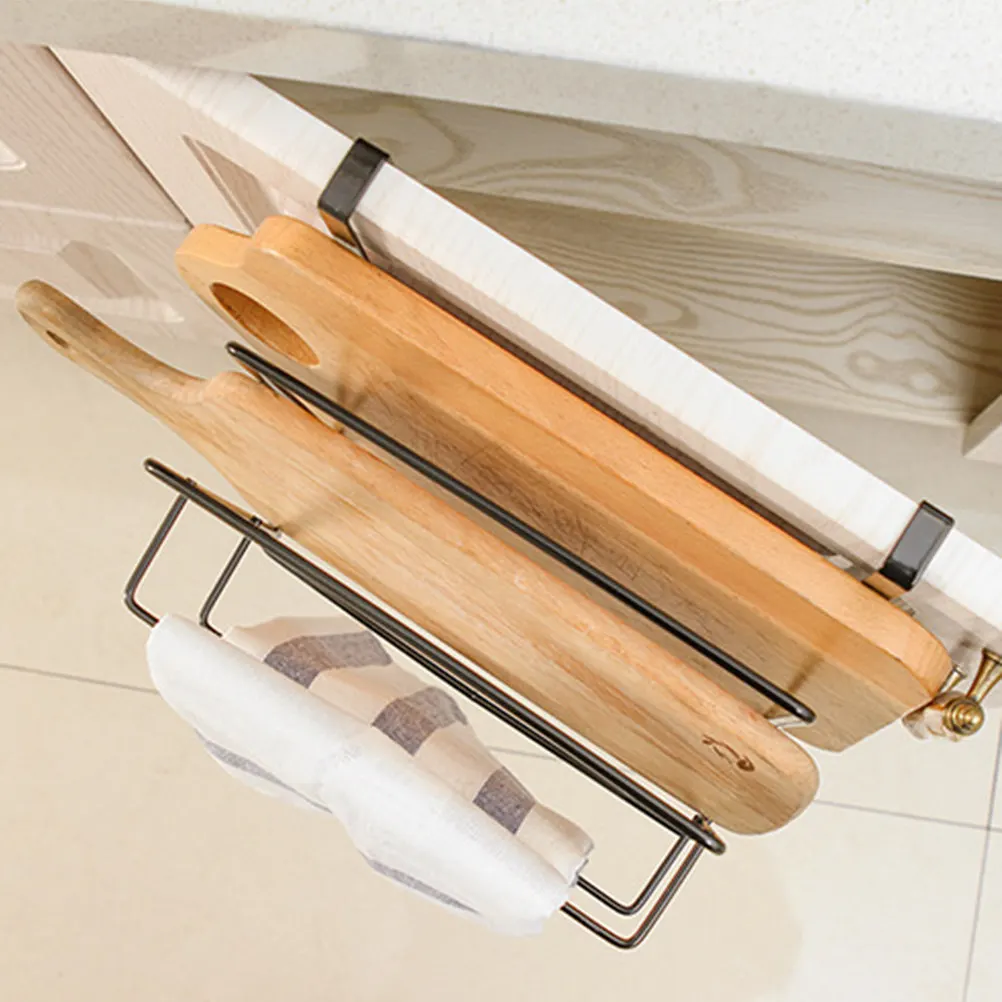 Double-Deck Wall Hanging Cutting Board Rack Iron Tough Kitchen Organizer Black Table Towel Holder Drip Tray Cutting Board Rack