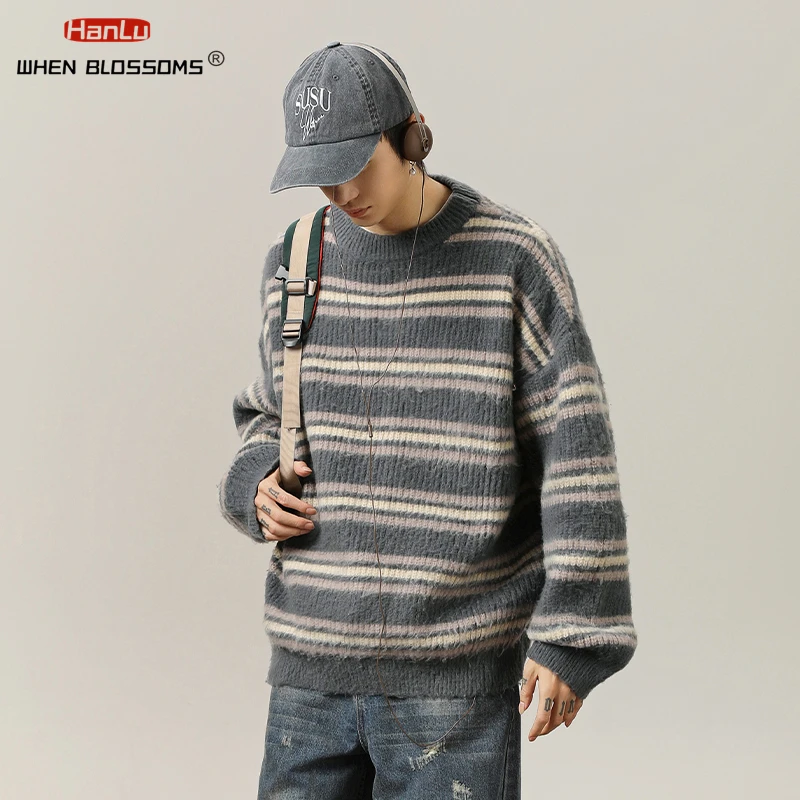 Japanese Vintage Striped Knitted Sweater Men's Autumn/Winter Warm Women's Fleece knit Sweater Pullover 2024 New Fashion Top