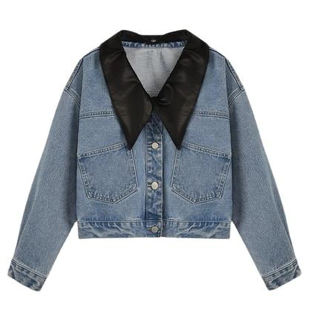 

Basic Jackets Women Blue Denim Vintage All-Match Coats Ladies Cropped Bf Outerwear Design Spring Pu Patchwork Clothing Slim Tops