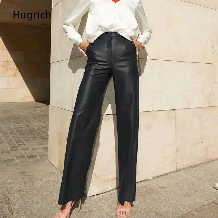 Women Black Faux Leather High Waist Straight Leg Pants Zip Fly Casual Wide Leg Pu Leather Trousers