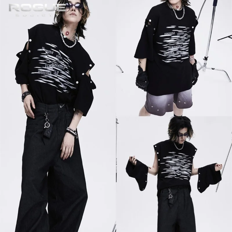 Y2K Gothic Grunge Aesthetic Men Women Tshirt Distorted Text Print Detachable Sleeve Loose Punk Streetwear Harajuku Hip Hop Tops