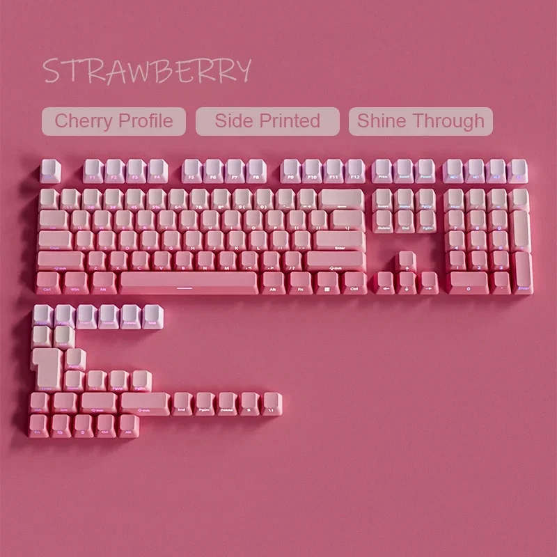 135 Keys Double Shot Shine Through Keycaps Strawberry Pink Side Print  Keycaps Cherry Profile for MX Switches Gaming Keyboard