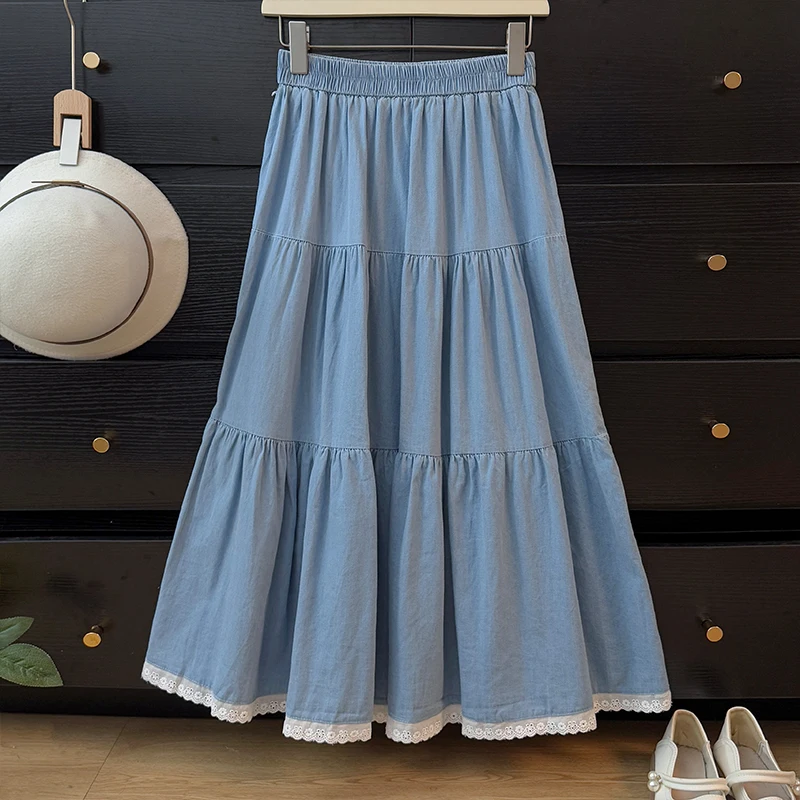 2025 primavera verão saia jeans de cintura alta para mulheres estilo francês chique rendas retalhos saias linha a versátil retro azul saias