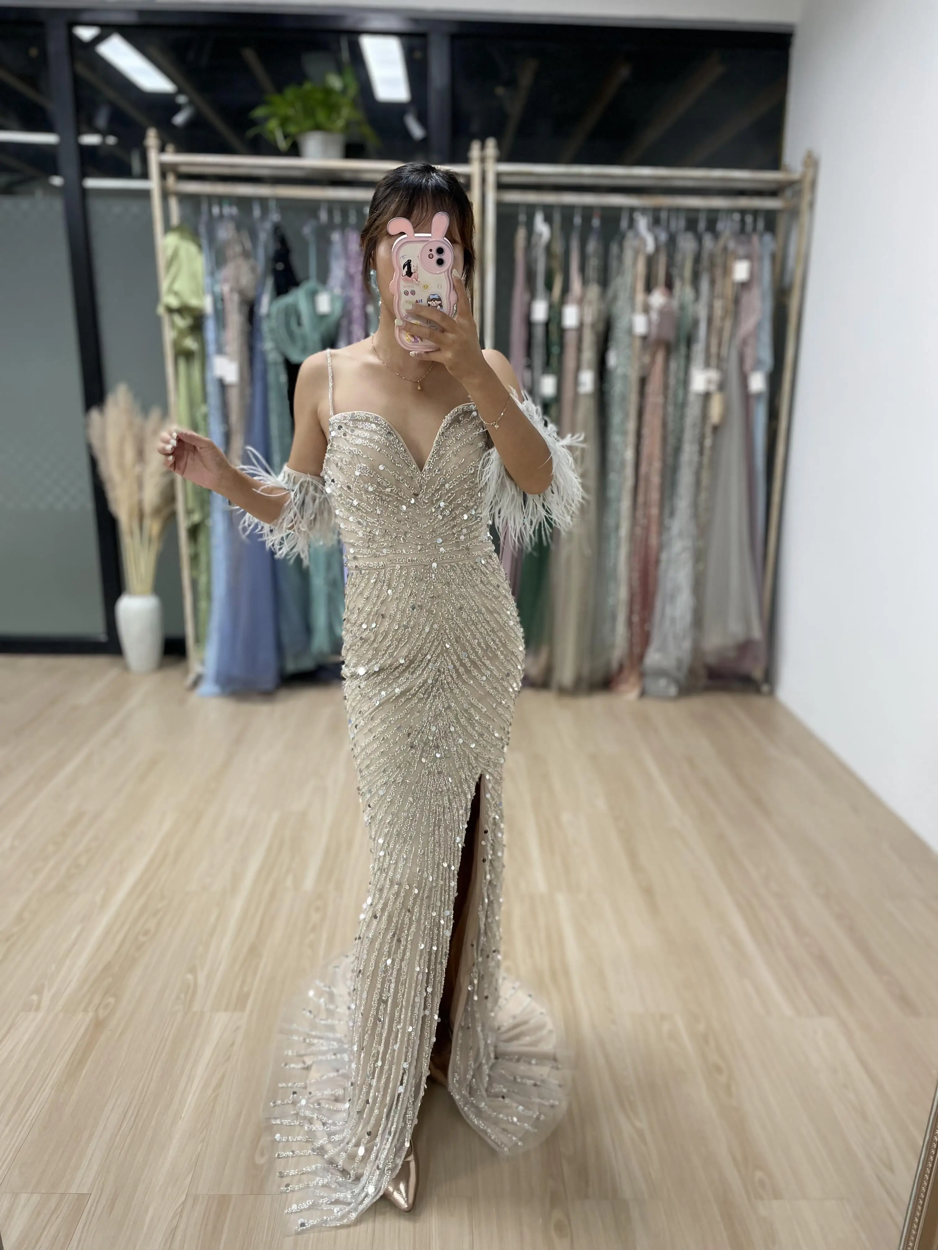 

MYMB Sparkly Spaghetti Straps Mermaid Evening Prom Party Gowns for Gala Luxury Beaded High Split Wedding Guest Dresses MY30032