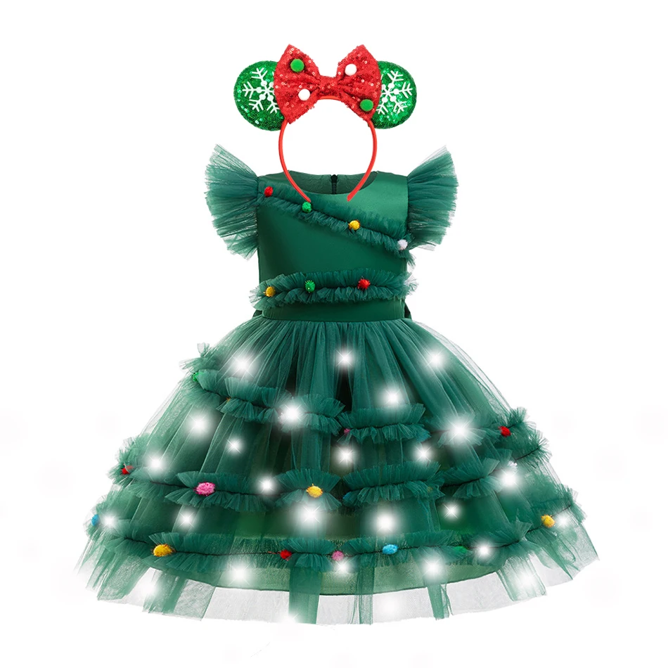 Christmas Party Dress for Girls Children Bow Solid Color Mesh Princess Ball Gown Kids Christmas Tree Dress Holiday Surprise Gift