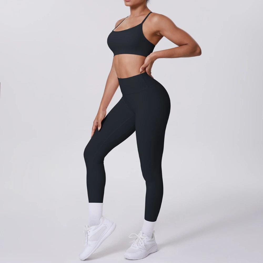Women's Black Cross-Back Yoga Set Sports Bra with Cup Running Fitness Two-Piece Includes Running Shorts Sexy Gym Workout Ensembl