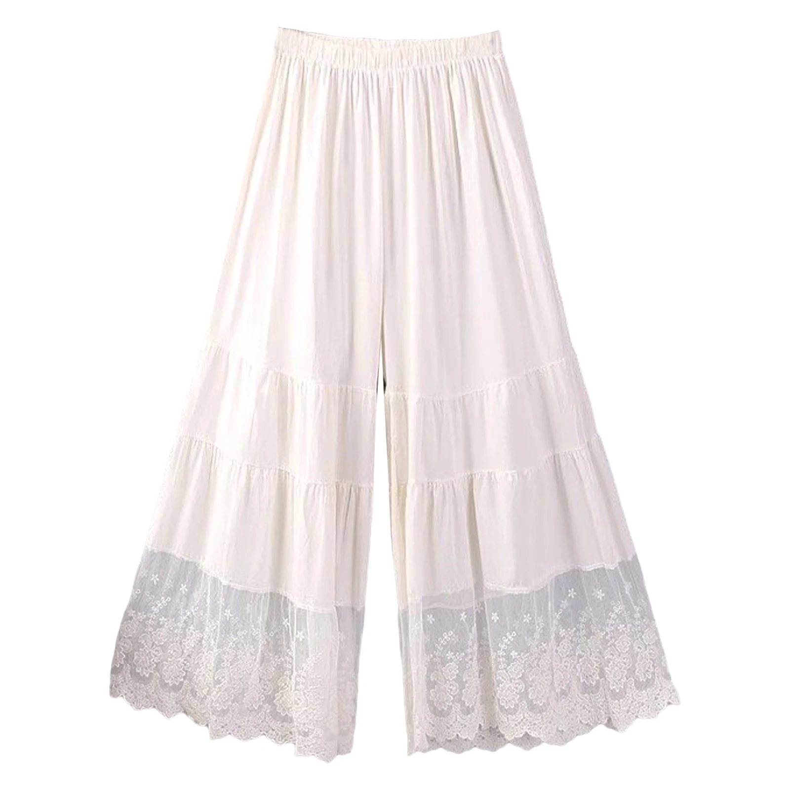 

Womens Solid Color Wide Leg Pants Floral Lace Trim Elastic Waistband Loose Cropped Pants Underpants for Cheongsam Daily Casual