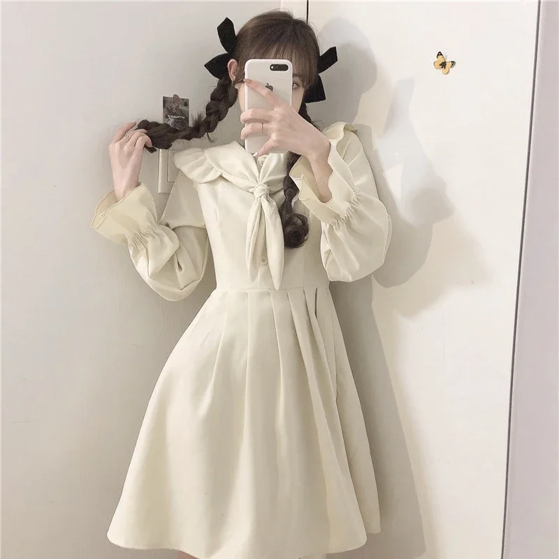 

Spring Autumn Women Dress Sweet Japan Style Peter Pan Collar Solid Simply Cute Girl Dress Female Bing 2023 HOT