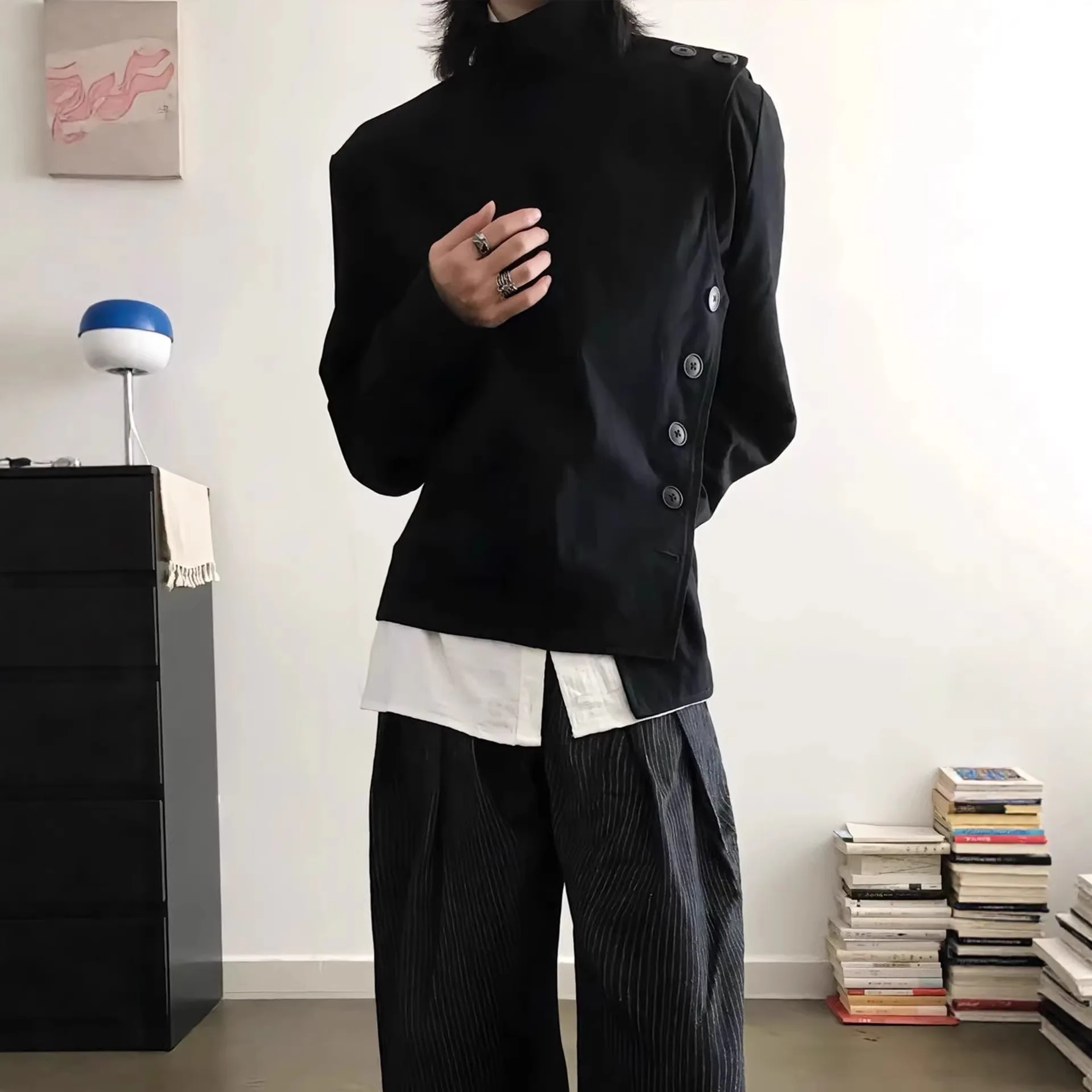 2026 Black Cropped Fencing Style Jacket For Men Irregular Multi style Design American Casual Outerwear For Spring Autumn