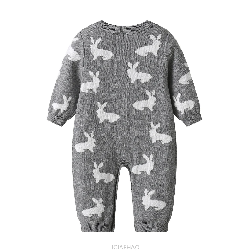 2025 New Winter Clothes Baby Knit Romper Costume Children Grey Cotton Rabbit Jacquard Jumpsuit Kids Infant Crawling Outfit