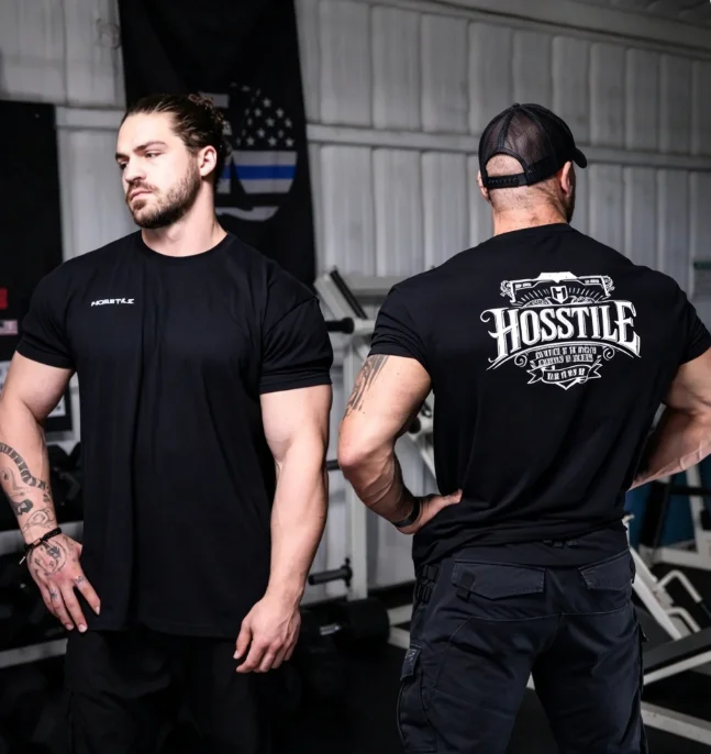 2026 new Men Double Sided Graphic Tshirt, Chest Mini Text & Back Retro Ornate Emblem Print Short Sleeve, Fitness Streetwear Tee