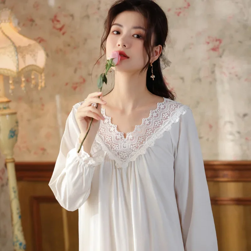 

Victorian Nightgown Sexy White Cotton Lace V Neck Night Dress Princess Sleepwear Women Vintage Fairy Long Sleeve Peignoir Nighty