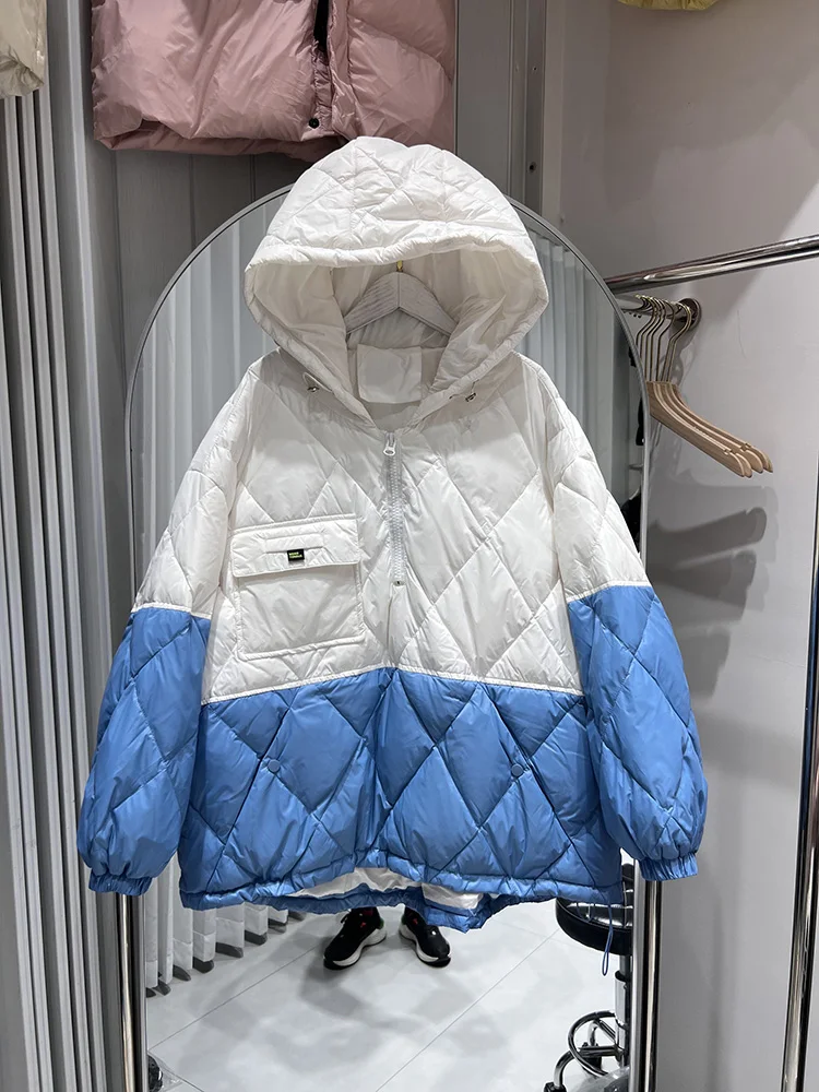 2025 winter new loose down jacket women's Korean version fashion hooded color blocked versatile white duck down jacket