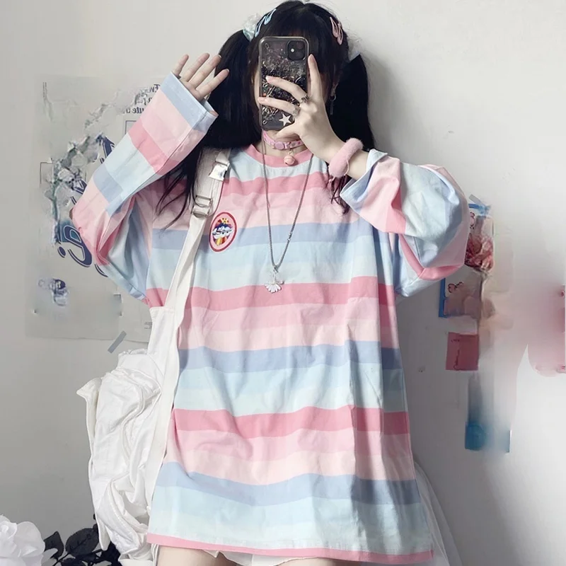 spring korean cute pink stripe t shirt Casual oversized embroidery Bottoming T-Shirts Women Long Sleeve student tops y2k clothes