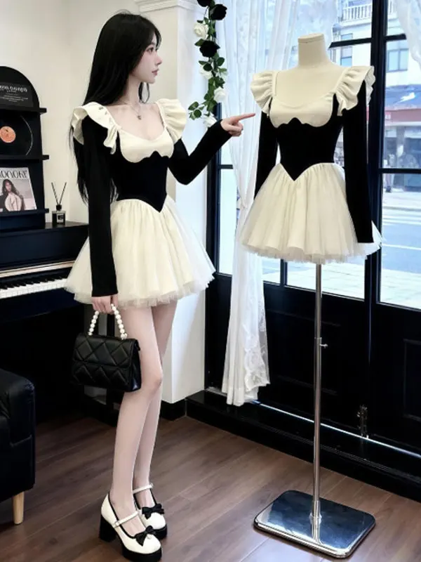 

Ele French Sle Puffy Skirt Dr Women's Winter High Waist Cotton Gauze Long Sve Fly Sve ort Dr