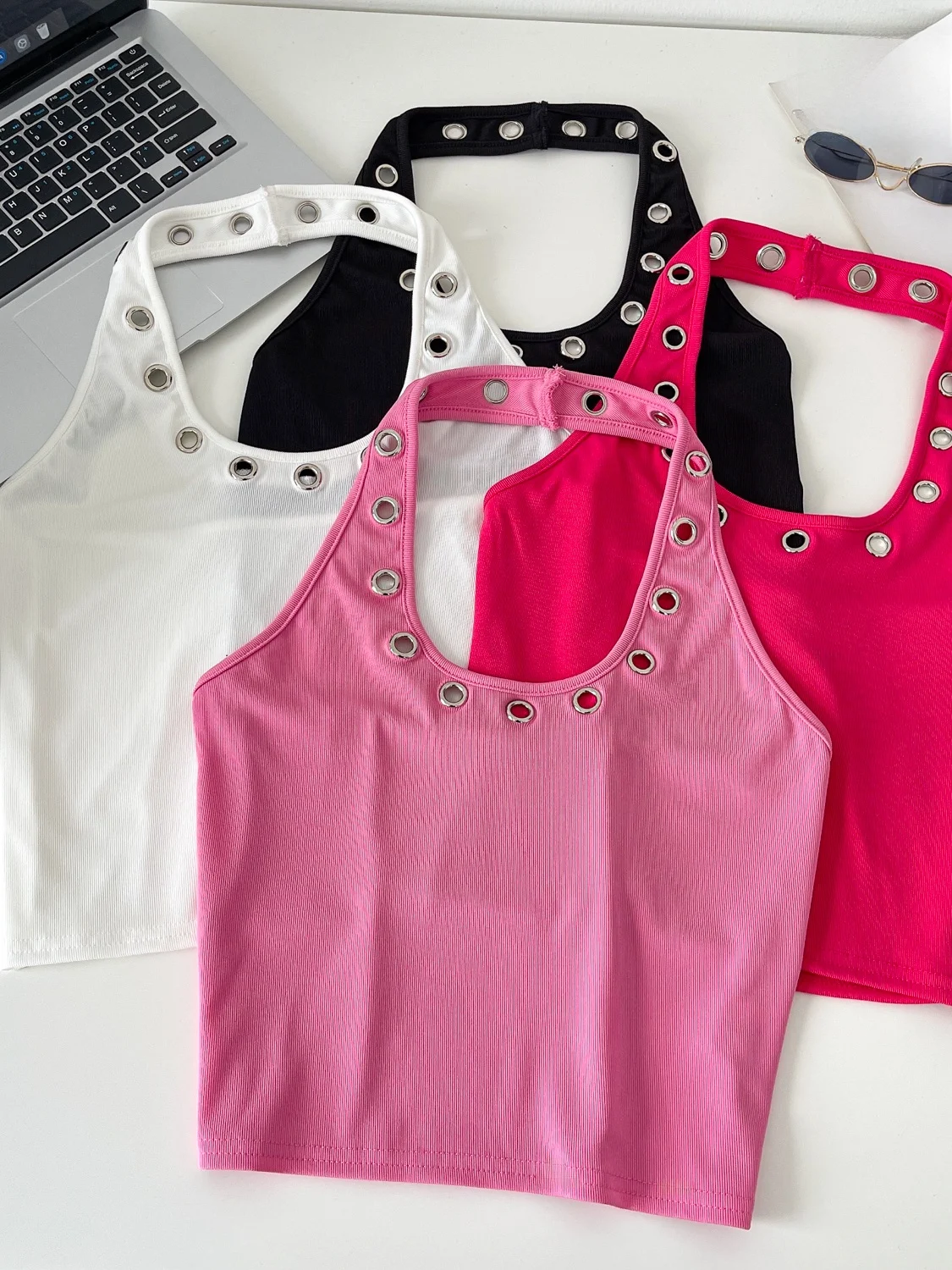 Minceur évider métal bleu ter Ne gilet pour femmes été Faionable polyvalent Svel haut trajet Sle Polyest...