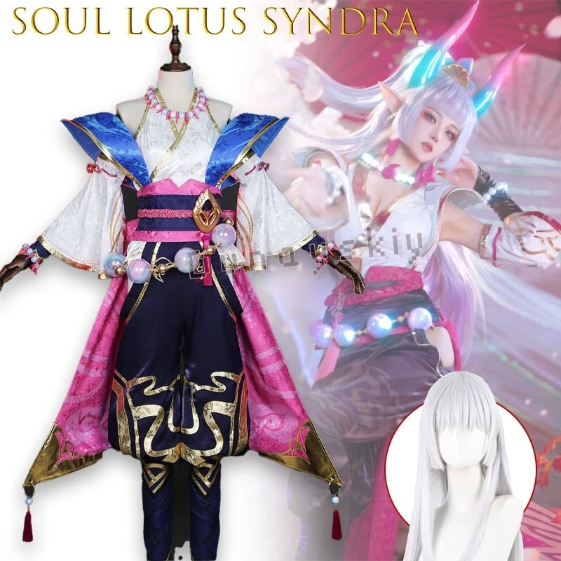Soul Lotus Syndra Gothic Dark Fantasy Floating Orb Full Cosplay Set Anime Spirit Blossom Horns Wig Hairs Anime Costume For Women